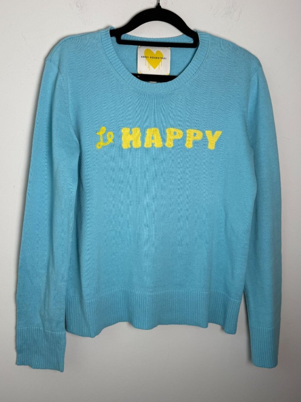 Kerri Rosenthal Le Happy Crewneck Sweater 100% Cotton Blue Yellow Size S Preppy